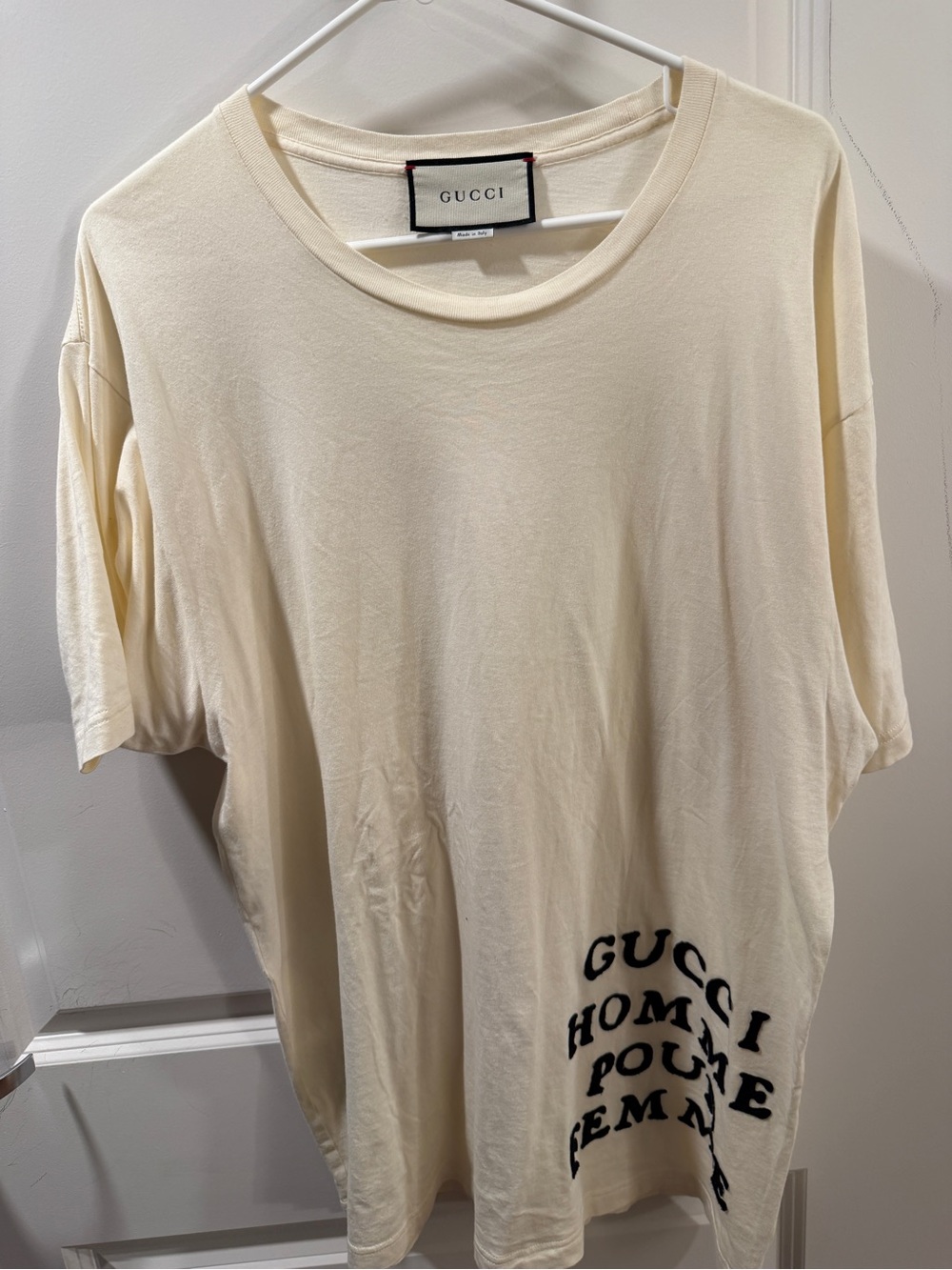 Gucci Cream Short Sleeve Logo Tee with Black Text